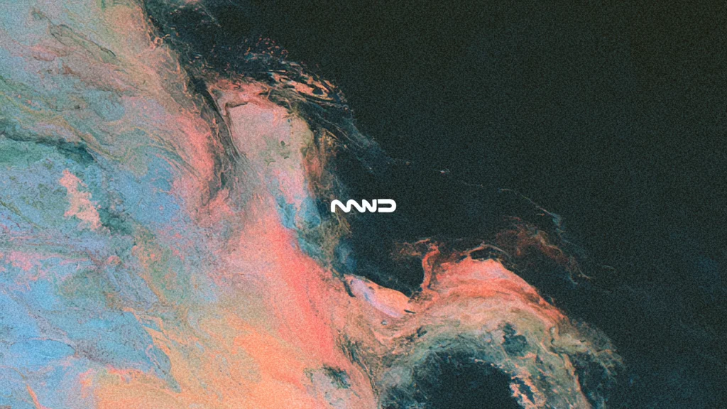 Streaks of coral and pale blue paint swept diagonally across a black field, with the New Dream Wave monogram at the centre.